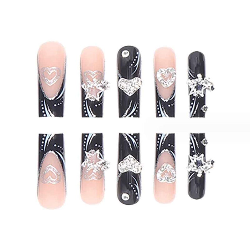 Foccna Press on Nails Long Rhinestone Fake Nails Black Square Bling Glossy Artificial Nails Finger Manicure for Women and Girls-24pcs (Long Nails 2) - Image 3